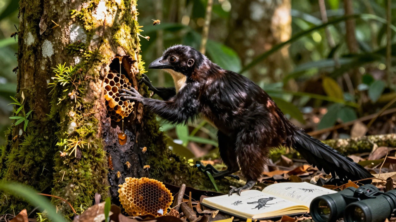 Pássaro preto tocando colmeia em árvore no chão da floresta com livro e binóculo ao lado.