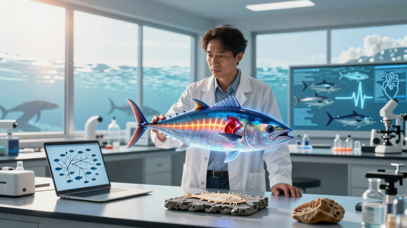 Cientista em laboratório analisando imagem holográfica do interior de um peixe atum azul.