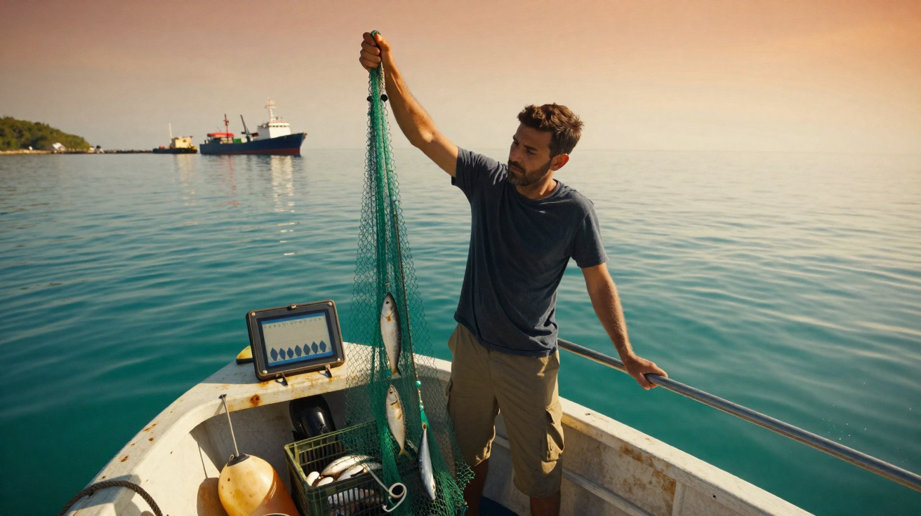 Homem em barco segura rede com peixes frescos no mar calmo ao pôr do sol.