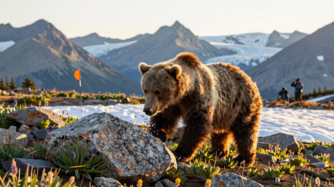 Urso-pardo caminhando entre pedras e flores com montanhas e neve ao fundo no pôr do sol.
