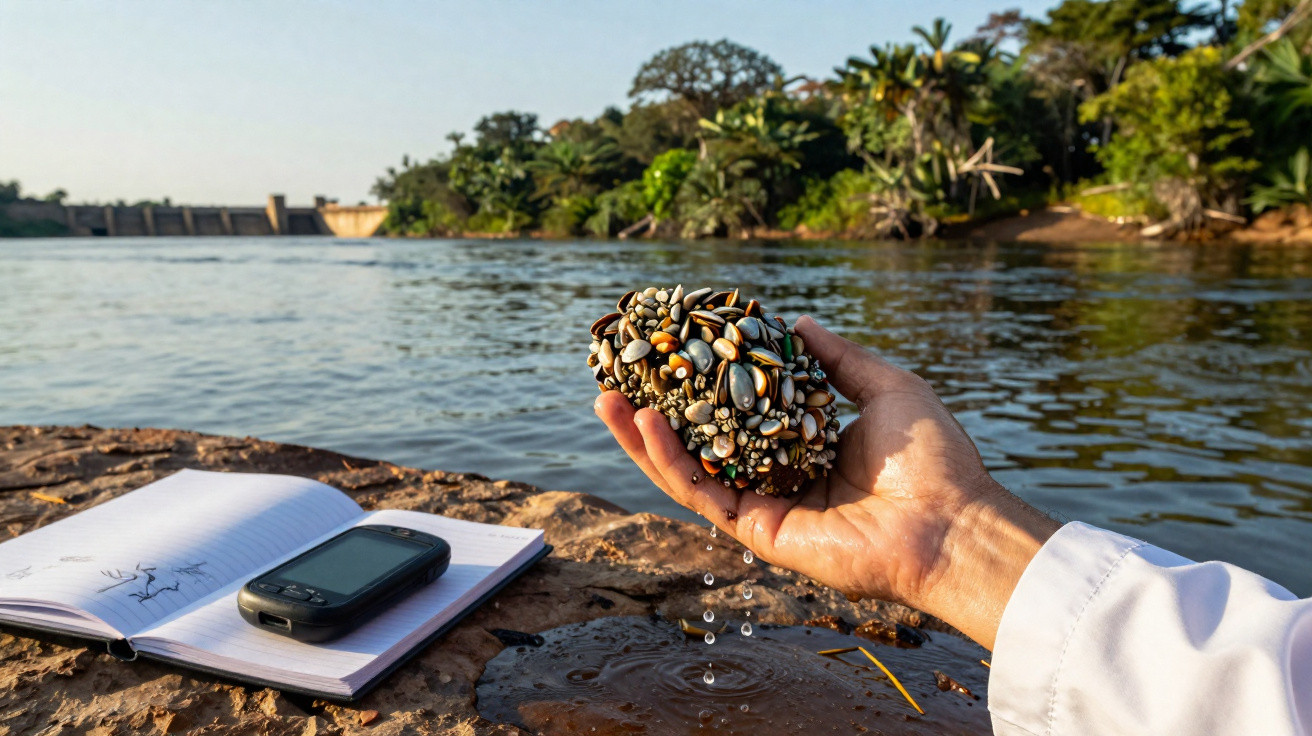 Mão segurando muitos pequenos caracóis de água doce molhados, com rio e vegetação ao fundo.