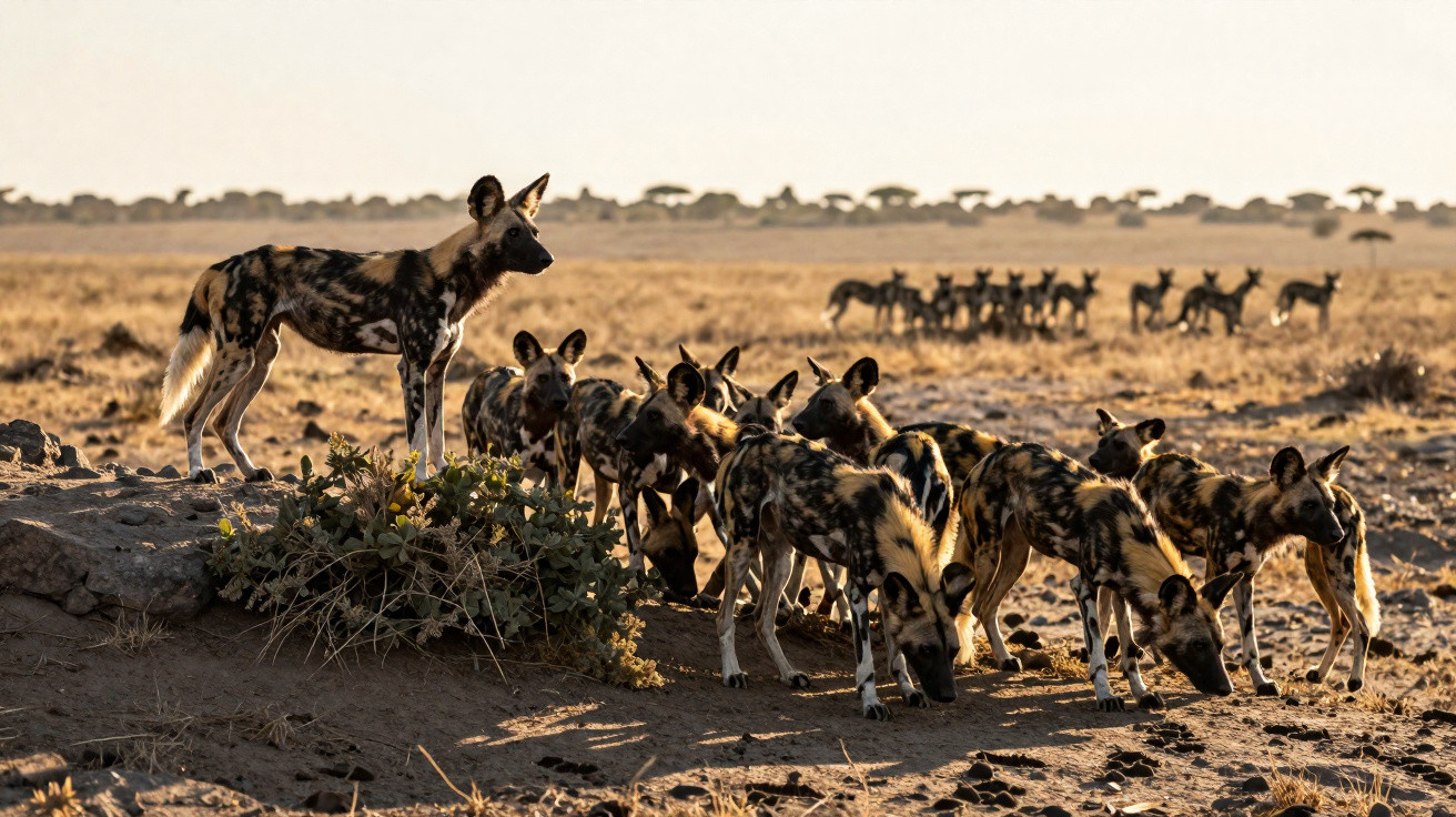 Grupo de cães selvagens africanos reunidos em área árida ao pôr do sol.