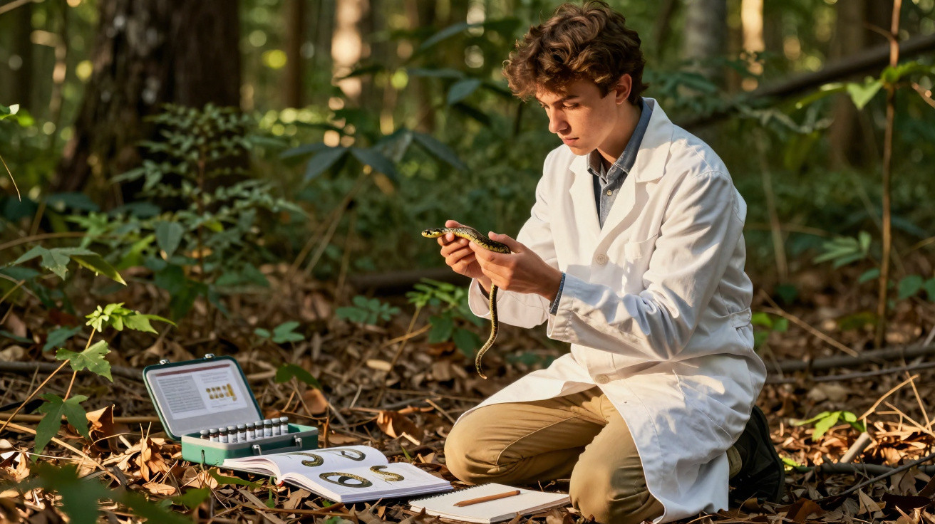 Jovem cientista com jaleco branco analisa cobra na floresta, com livros e equipamentos sobre folhas secas.