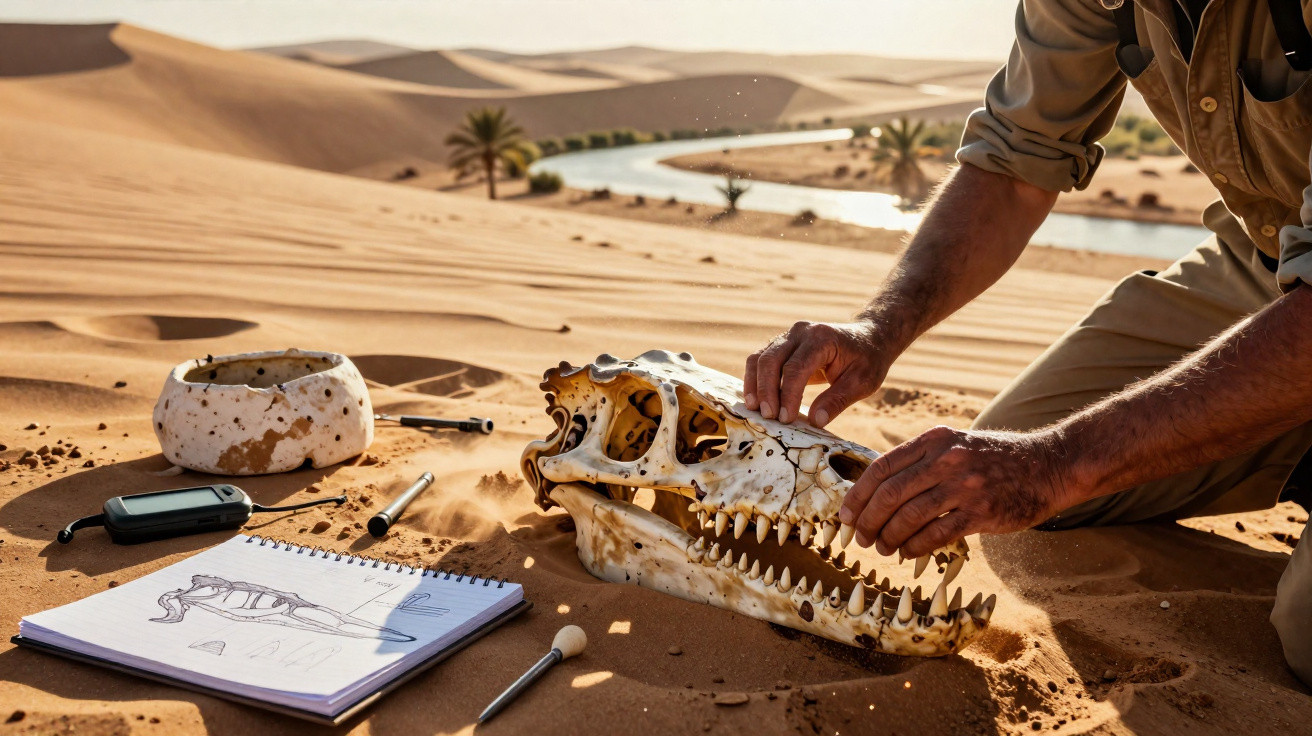 Pesquisador examina crânio fossilizado em deserto com caderno de anotações, bússola e ferramentas ao redor.