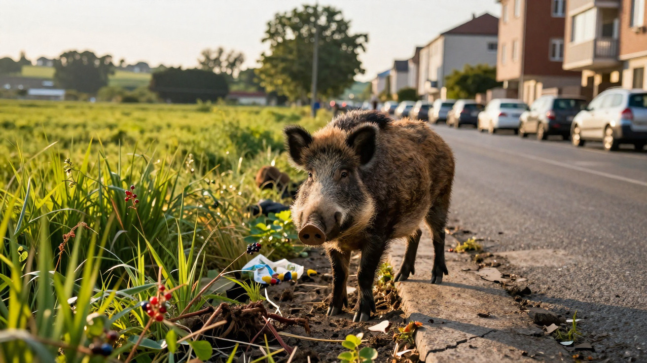 Porco-espinho selvagem parado na beira da calçada, com carros estacionados e campo ao fundo.