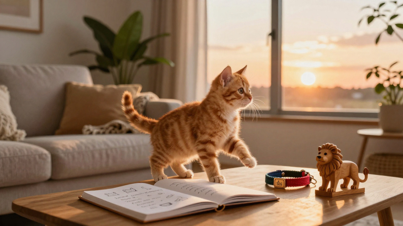 Gato laranja sobre mesa com livro, coleira e brinquedo de leão, com sofá e janela ao pôr do sol ao fundo.
