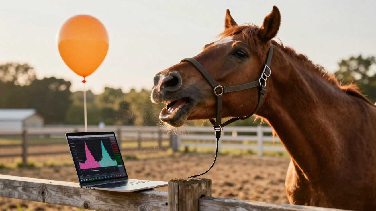 Cavalo marrom próximo a uma cerca de madeira com laptop e balão laranja ao fundo em área rural.