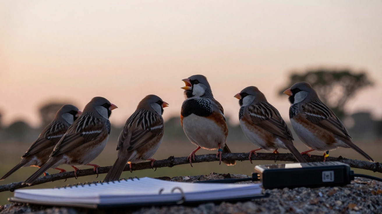 Seis pássaros empoleirados em um galho, com caderno e gravador em primeiro plano ao pôr do sol.