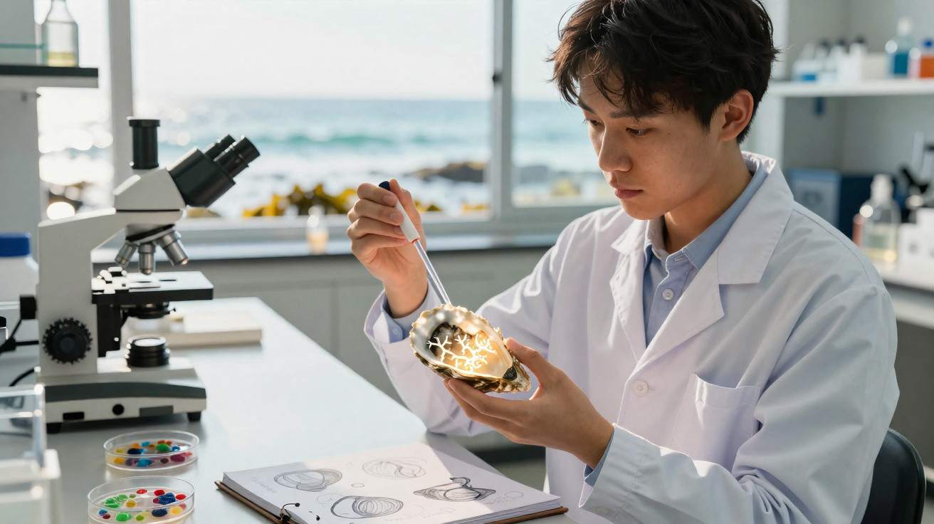 Pesquisador em laboratório analisa concha iluminada com ferramenta, com microscópio e desenhos de conchas na mesa.
