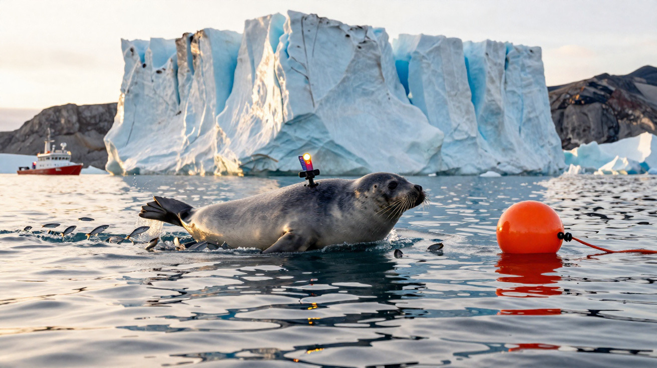 Foca nadando com sensor acoplado em águas geladas perto de iceberg e bóia laranja ao pôr do sol.