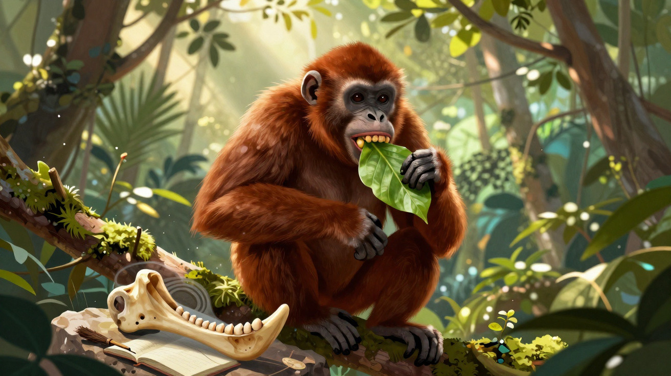 Macaco ruivo comendo folha sentado em galho na floresta com mandíbula de animal e livro ao lado.