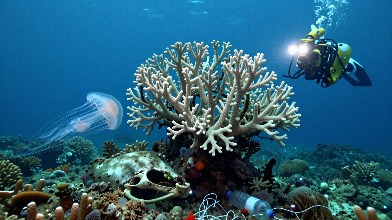 Mergulhador robô explorando recife com coral, água-viva e lixo plástico no fundo do mar.