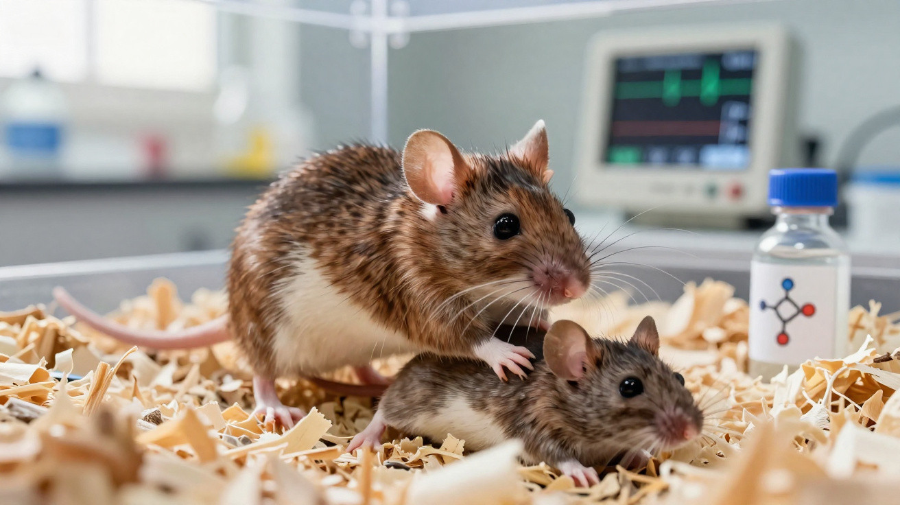 Dois ratos de laboratório sobre cama de serragem em ambiente científico com equipamentos ao fundo.