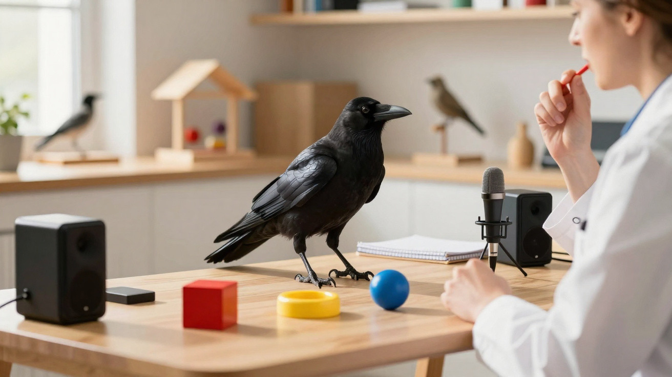 Corvo preto sobre mesa com brinquedos coloridos, próximo de pessoa e microfone em ambiente de laboratório.