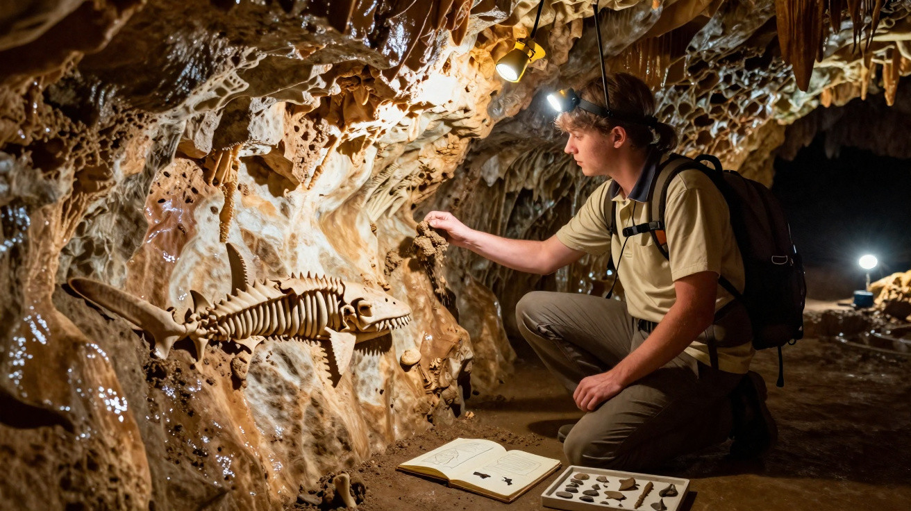 Jovem explorador com lanterna de cabeça examina fóssil em caverna, ao lado de livro e amostras arqueológicas.