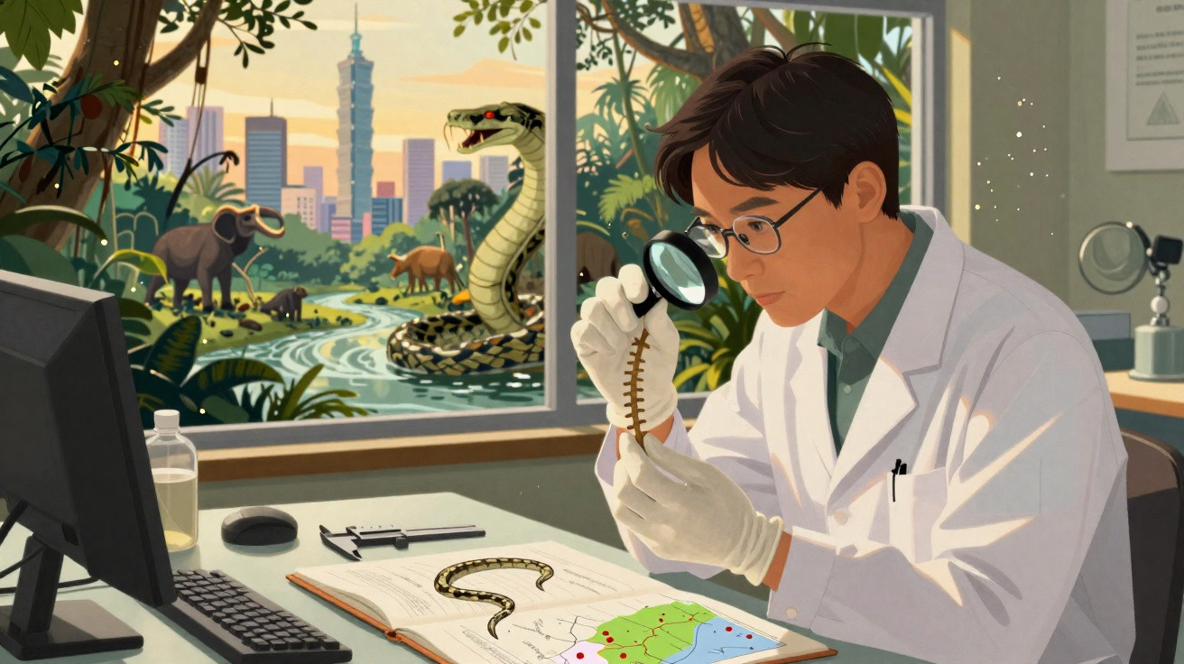 Cientista observa verme com lupa em laboratório, com paisagem de selva e animais ao fundo.