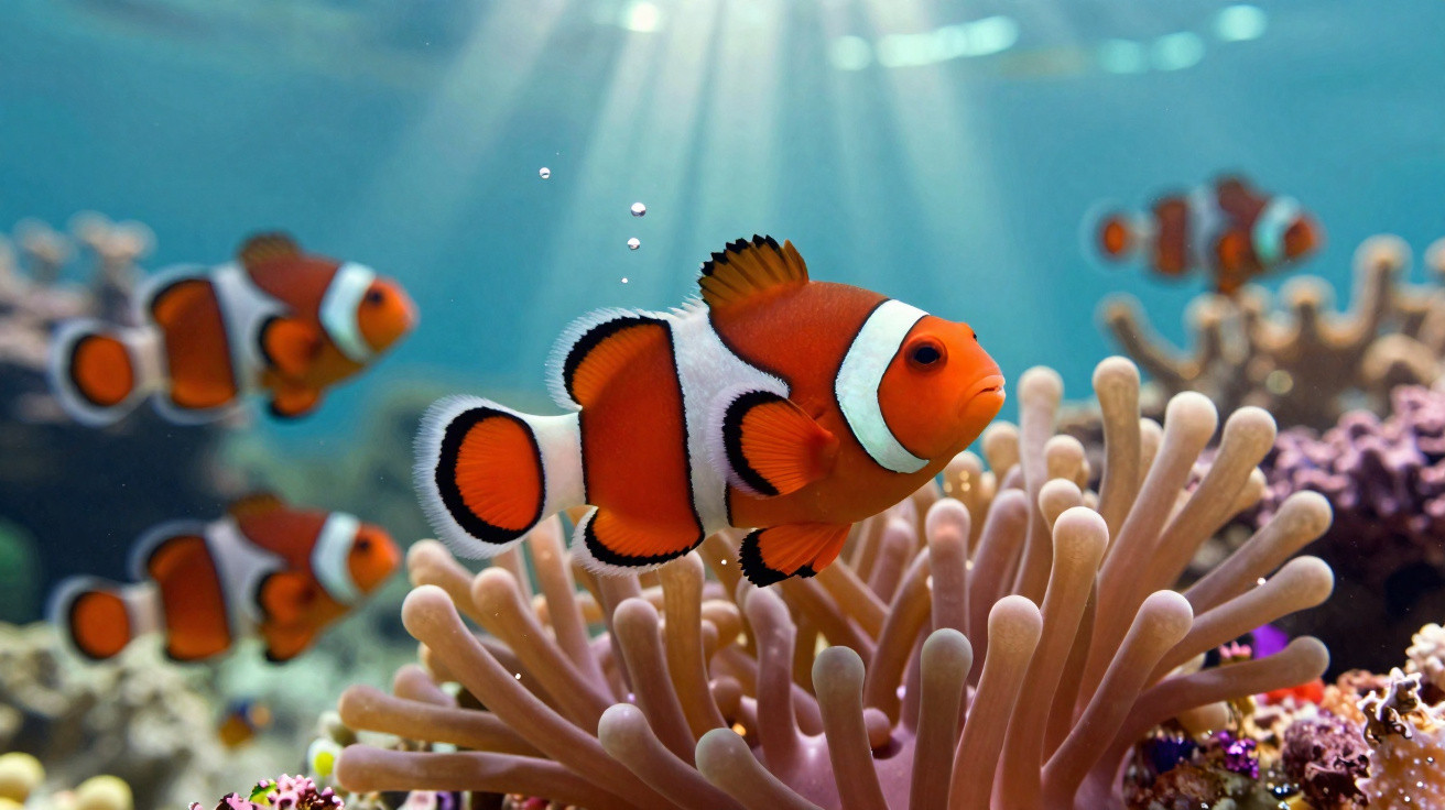 Peixes-palhaço laranja e branco nadando entre corais embaixo d'água com luz solar filtrada.