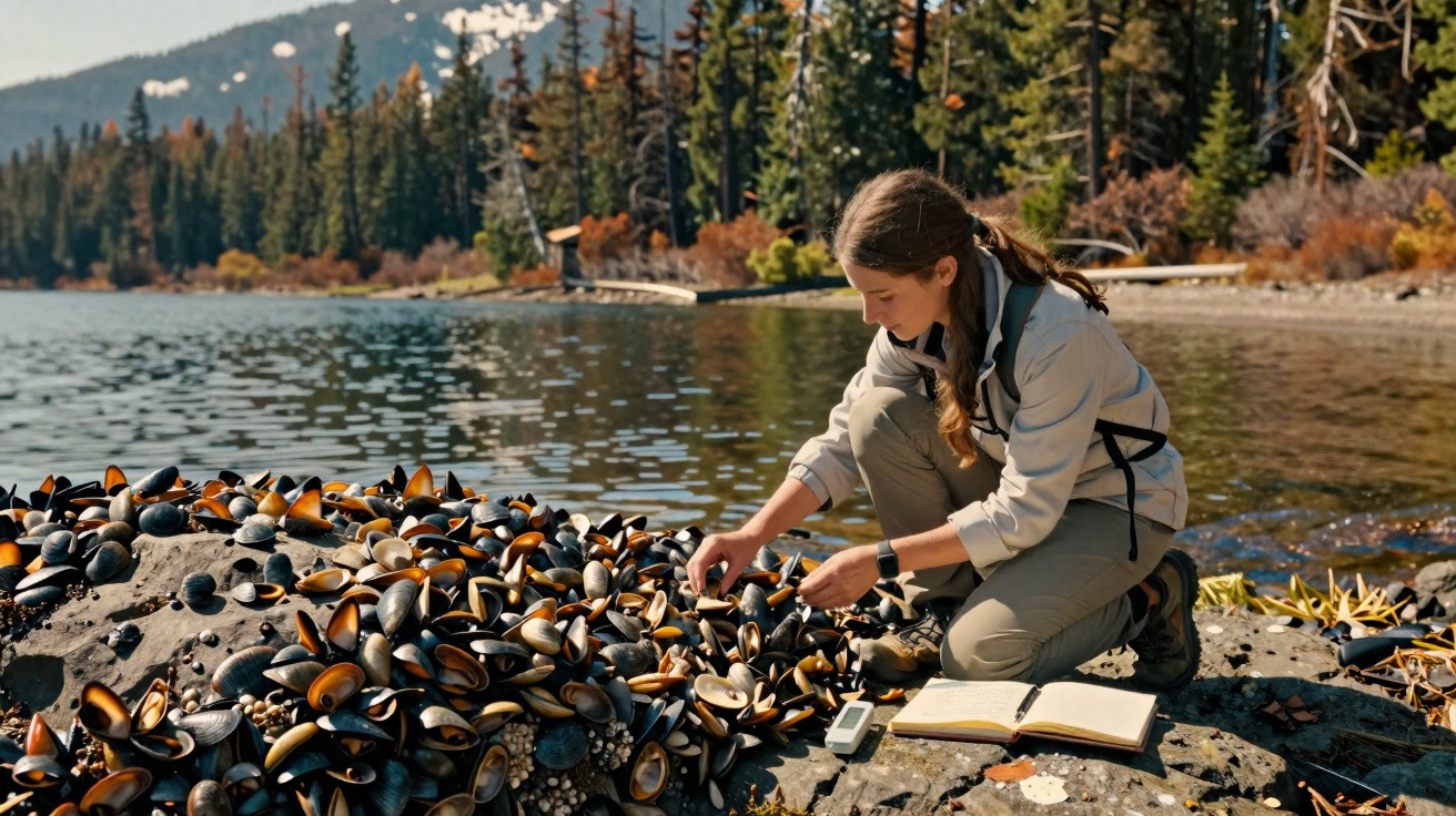 Mulher analisando mariscos na margem de lago rodeado por árvores e montanhas ao fundo.