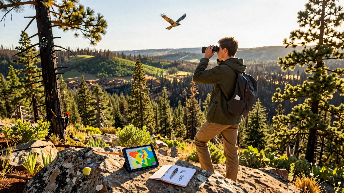 Jovem observa pássaro com binóculo na floresta, com tablet e caderno sobre pedra.