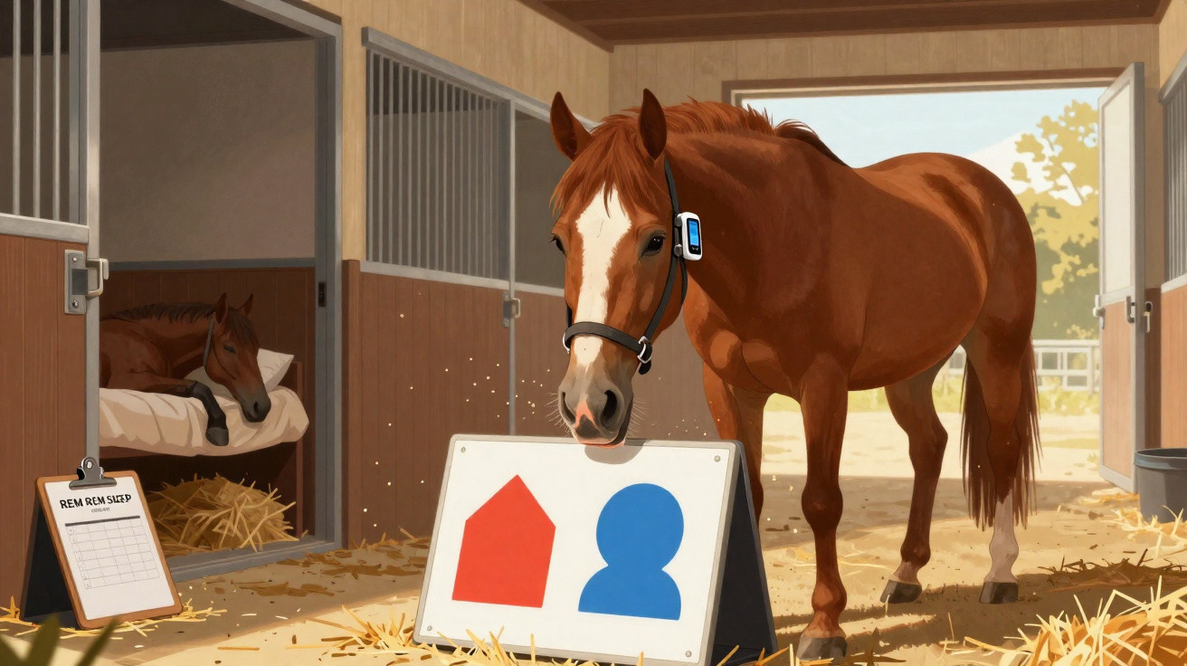 Cavalo marrom em baia segurando placa com símbolos vermelho e azul ao lado de outro cavalo descansando.