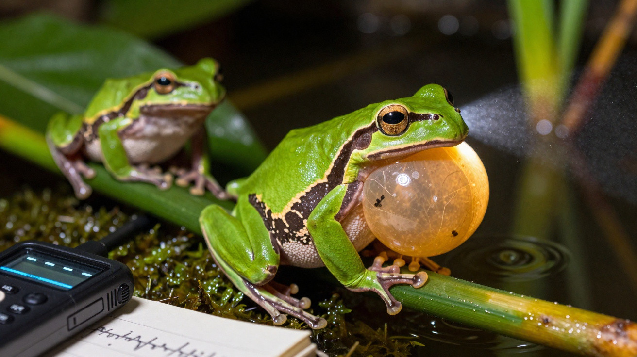 Sapo verde com bolsa vocal inflada apoiado em planta aquática, com outro sapo ao fundo e água ao redor.