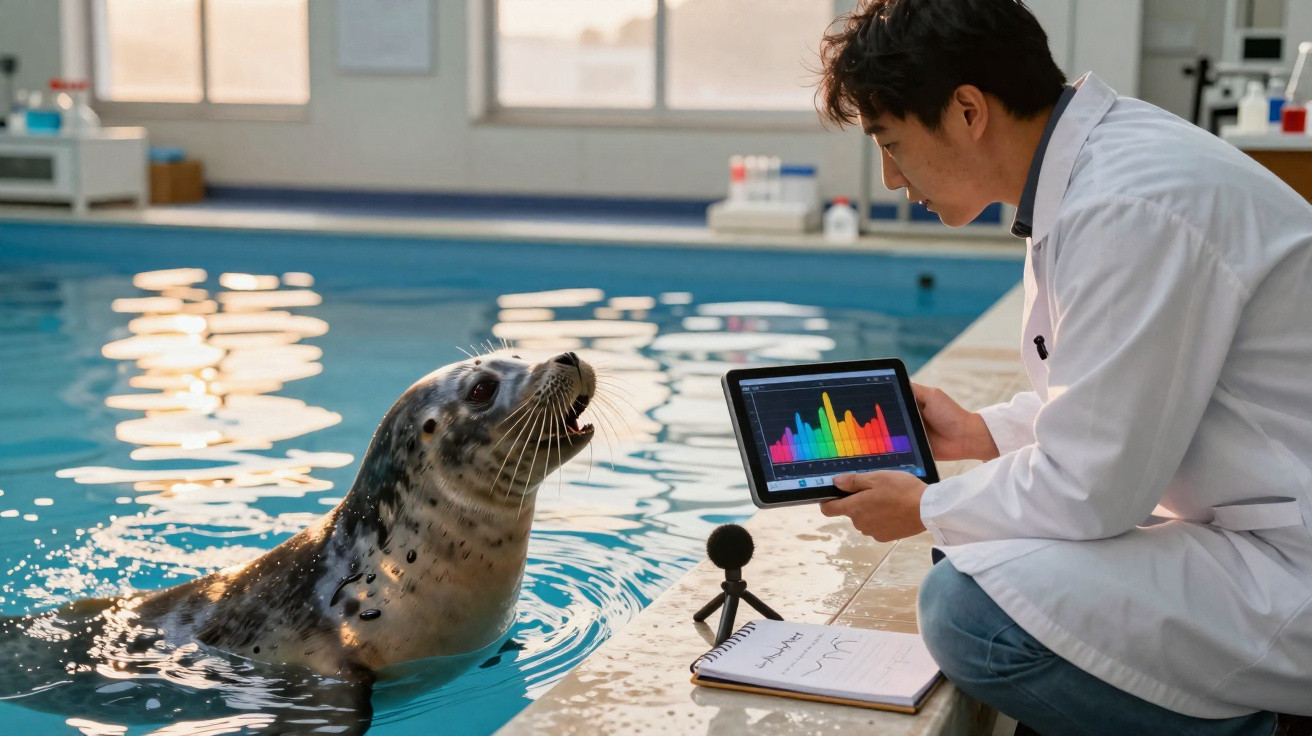 Cientista em jaleco com tablet analisa dados ao lado de uma foca na piscina de pesquisa marinha.