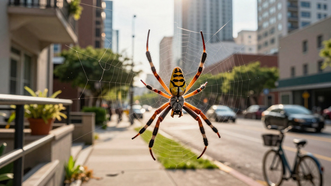 Aranha amarela e preta em teia na cidade, com rua e prédios desfocados ao fundo.
