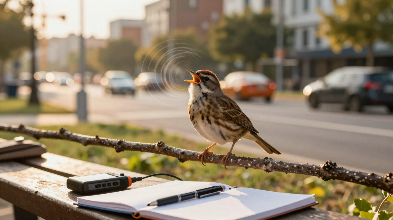 Pássaro cantando em galho sobre banco com caderno, caneta e gravador no fundo urbano ao entardecer.