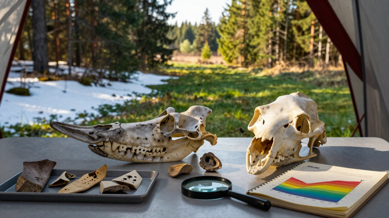 Crânios e ossos de animais sobre mesa em tenda, com lupa e gráfico colorido, ao ar livre na floresta.