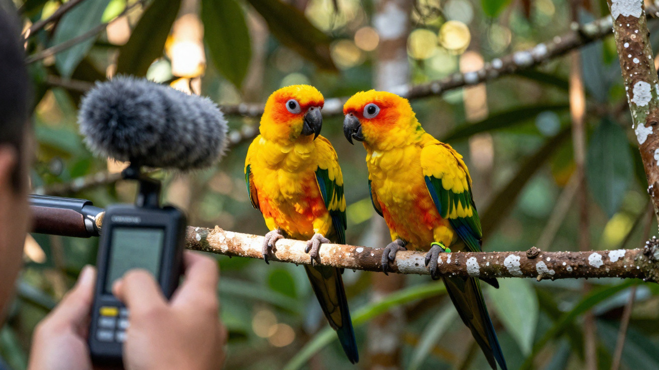 Dois papagaios coloridos em galho, com pessoa gravando som com microfone ao fundo.