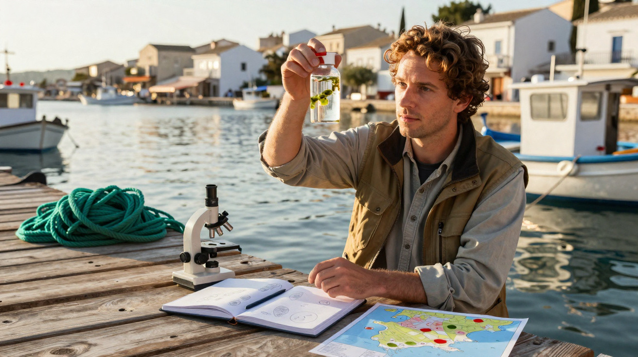 Homem sentado em pier segurando amostra de água para análise científica com microscópio e mapas ao lado.