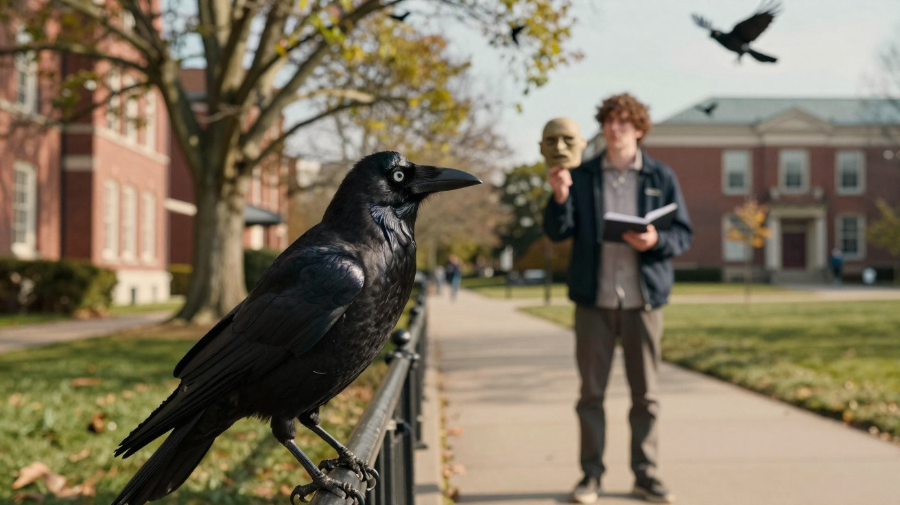 Corvo preto empoleirado em grade com jovem ao fundo segurando máscara e caderno em campus universitário.