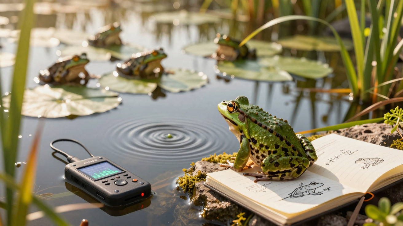 Sapo verde sentado em caderno aberto com desenhos, próximo a gravador à beira de lago com vitórias-régias.
