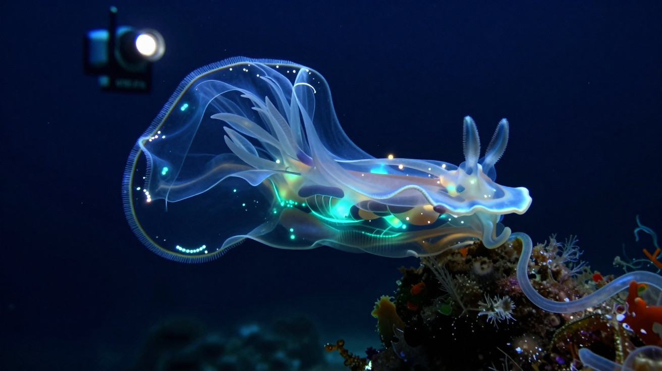 Nudibrânquio translúcido com bioluminescência azul nadando próximo a corais no fundo oceânico.