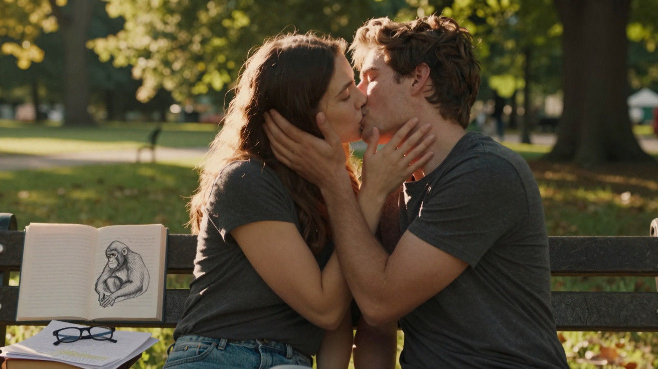 Casal jovem beijando-se em um banco de parque ensolarado, com livro e óculos ao lado.