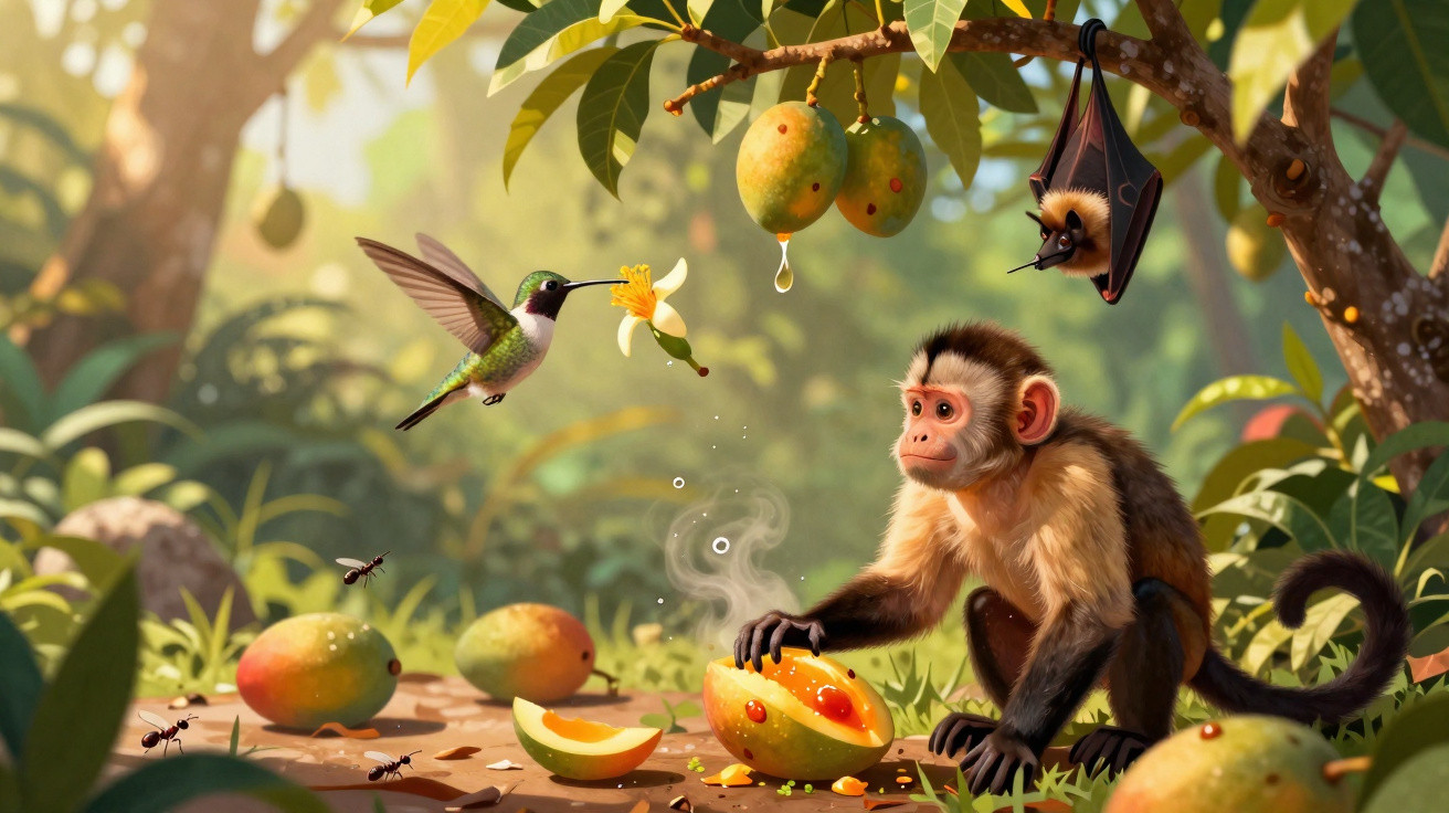 Macaco, beija-flor e morcego perto de mangas em uma floresta iluminada pelo sol.