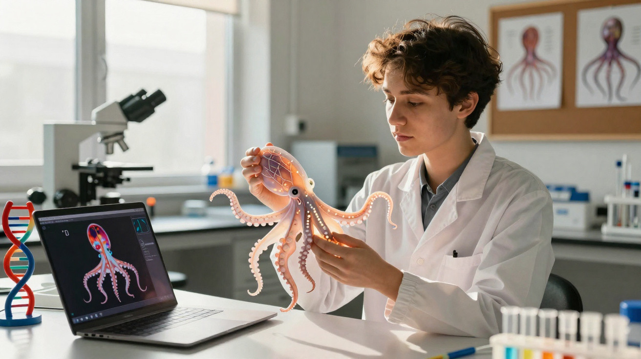 Pesquisadora em laboratório segurando modelo de polvo com imagem digital de polvo em laptop ao lado.