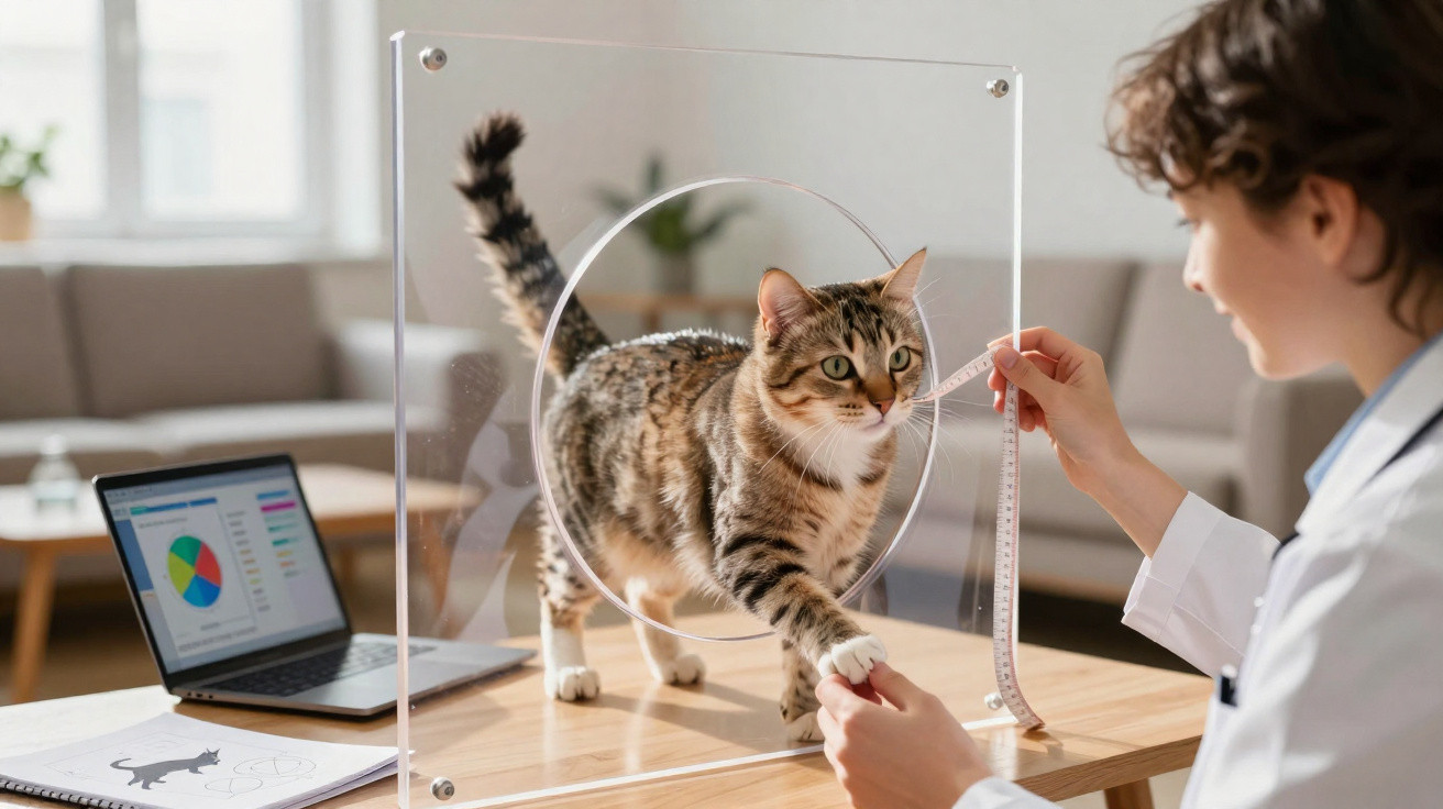 Pessoa medindo pata de gato através de painel acrílico em ambiente clínico com laptop aberto.