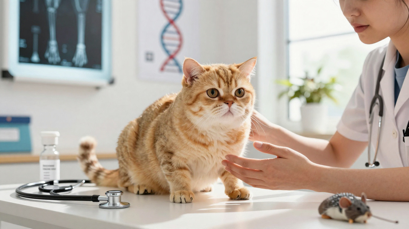 Gato laranja atendido por veterinária em clínica, com estetoscópio e brinquedo de rato na mesa.