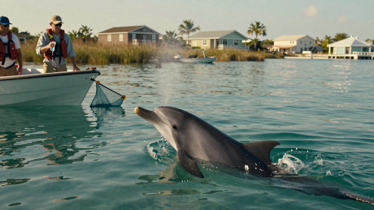 Golfinho emergindo da água próximo a barco com duas pessoas e casas à beira-mar ao fundo.