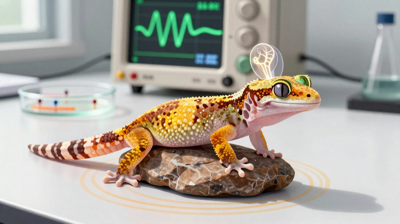 Lagarto colorido com lâmpada cerebral acesa, sobre pedra, em bancada de laboratório com monitor ao fundo.