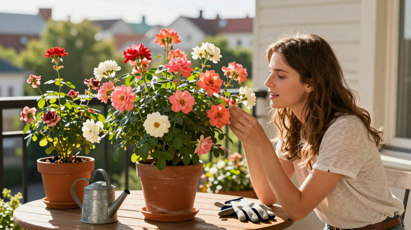 Jovem mulher cuidando de flores coloridas em vasos num terraço ensolarado.
