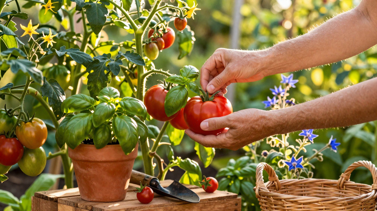 Mãos colhendo tomate vermelho em planta ao lado de vaso com manjericão e cesta de vime.