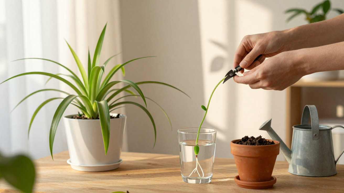 Mãos seguram muda de planta com raiz em copo d’água próximo a vaso com terra e regador sobre mesa.