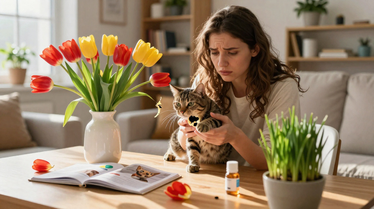 Mulher preocupada examinando a boca de um gato em uma mesa com flores e remédios.