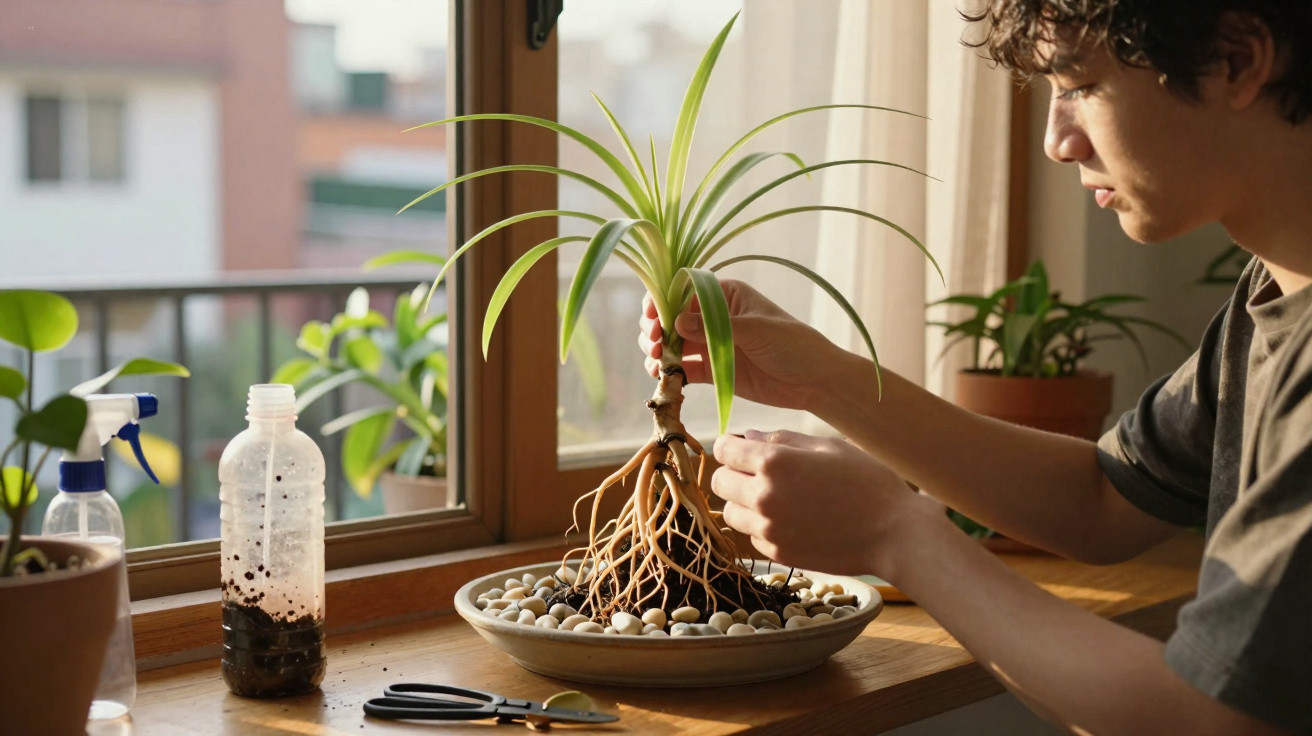 Pessoa cuidando de planta com raízes expostas em vaso com pedras à beira de janela ensolarada.