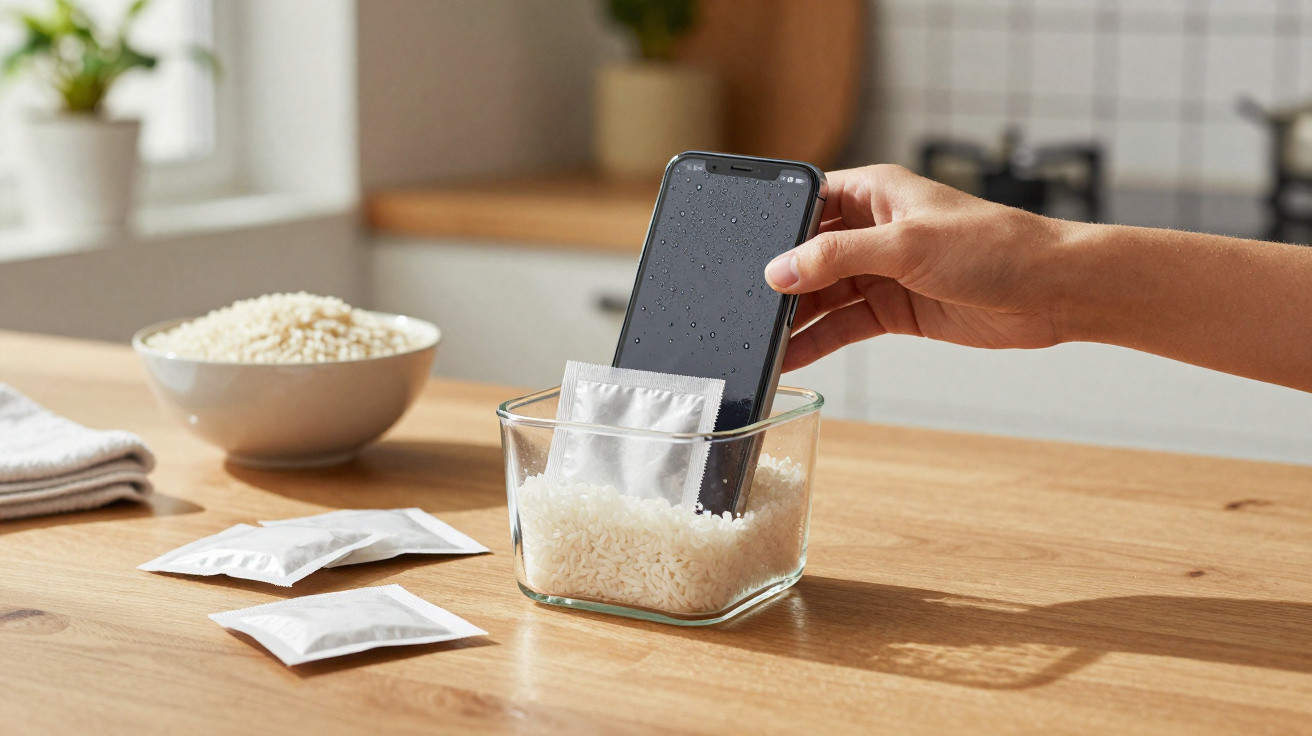 Pessoa colocando celular molhado em recipiente com arroz e saquinhos absorventes sobre mesa de madeira.