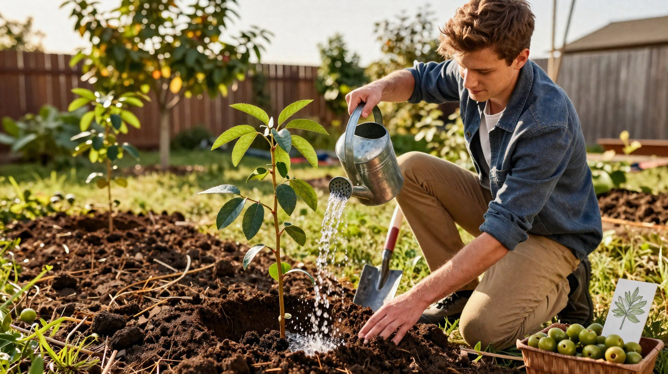 Homem regando muda recém-plantada em jardim com lata de água e enxada ao lado durante dia ensolarado.