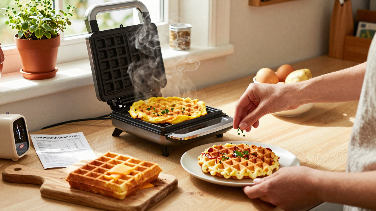 Máquina de waffles aberta com waffle quente, mão adiciona tempero em waffle no prato na cozinha iluminada.