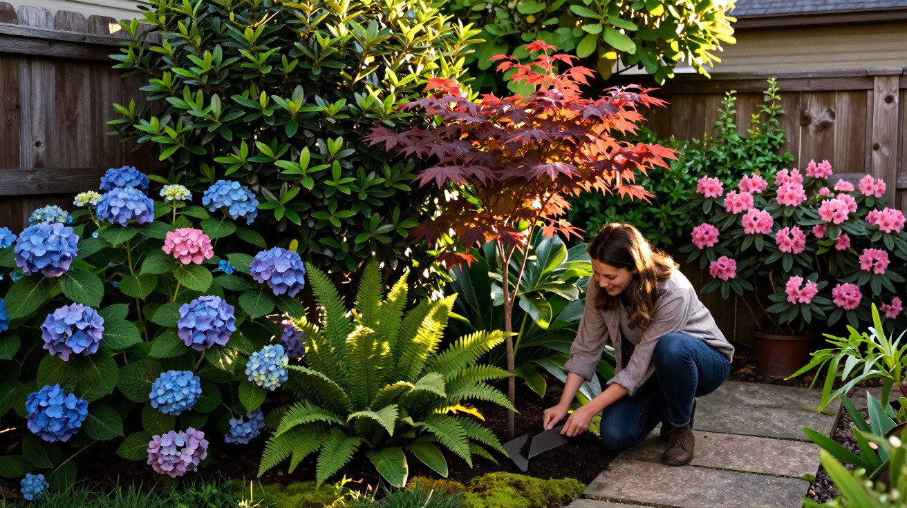 Mulher cuidando do jardim com flores coloridas e plantas em área cercada por cerca de madeira.